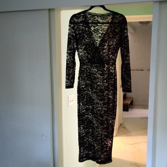 Black Stretch Floral Lace Midi Pencil  Plunge Neckline Long Sleeve Dress Sz S - Picture 1 of 4